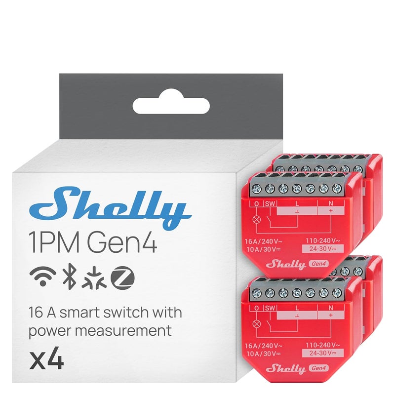 Shelly 1PM Gen4 | مفتاح ذكي Wi-Fi و Zigbee و Matter مع قياس الطاقة، 1-قناة 16A | أتمتة المنزل | متوافق مع Alexa و SmartThings و Google Home و Apple HomeKit | تطبيق iOS Android (4 عبوات) - Image 1
